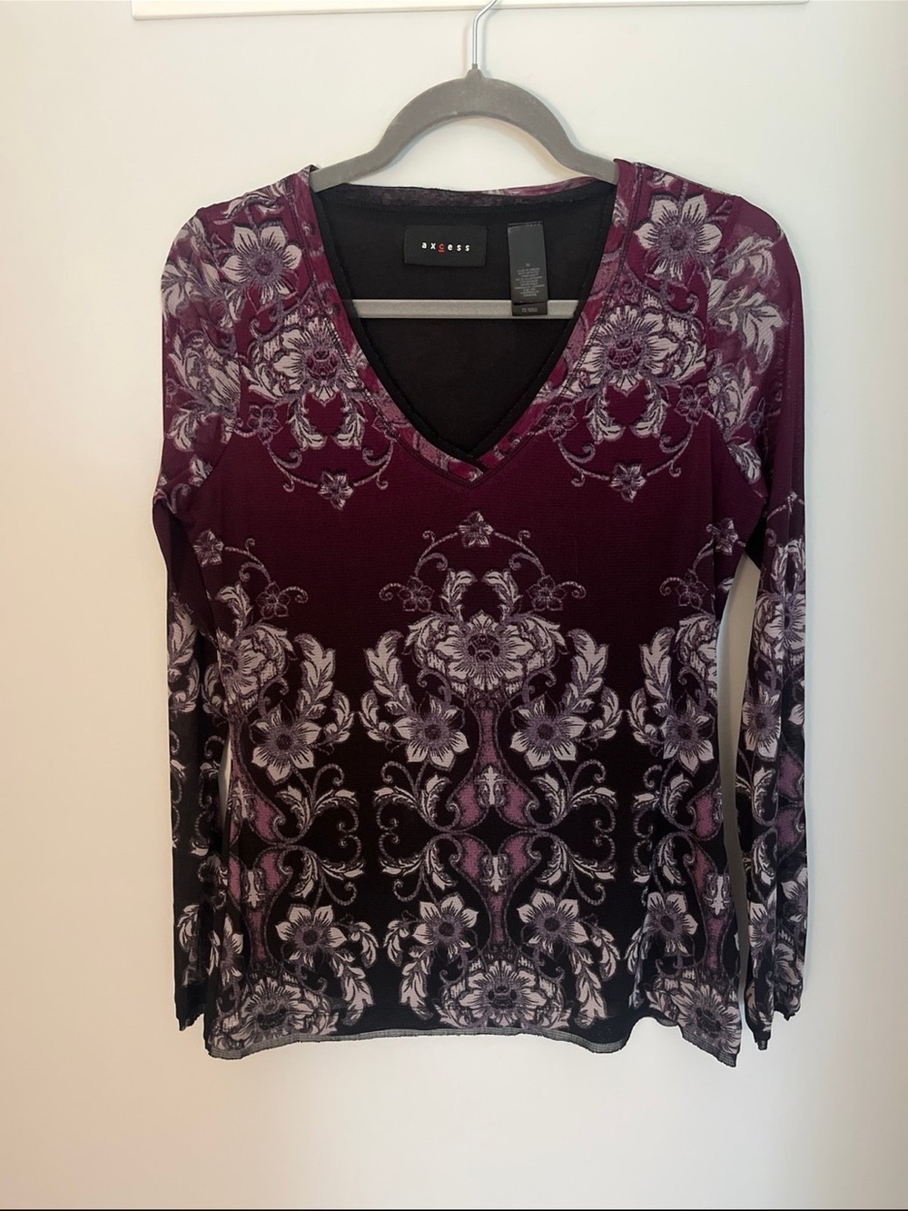 Axcess Burgundy and Black Floral V-Neck Ombre Long Sleeve Top